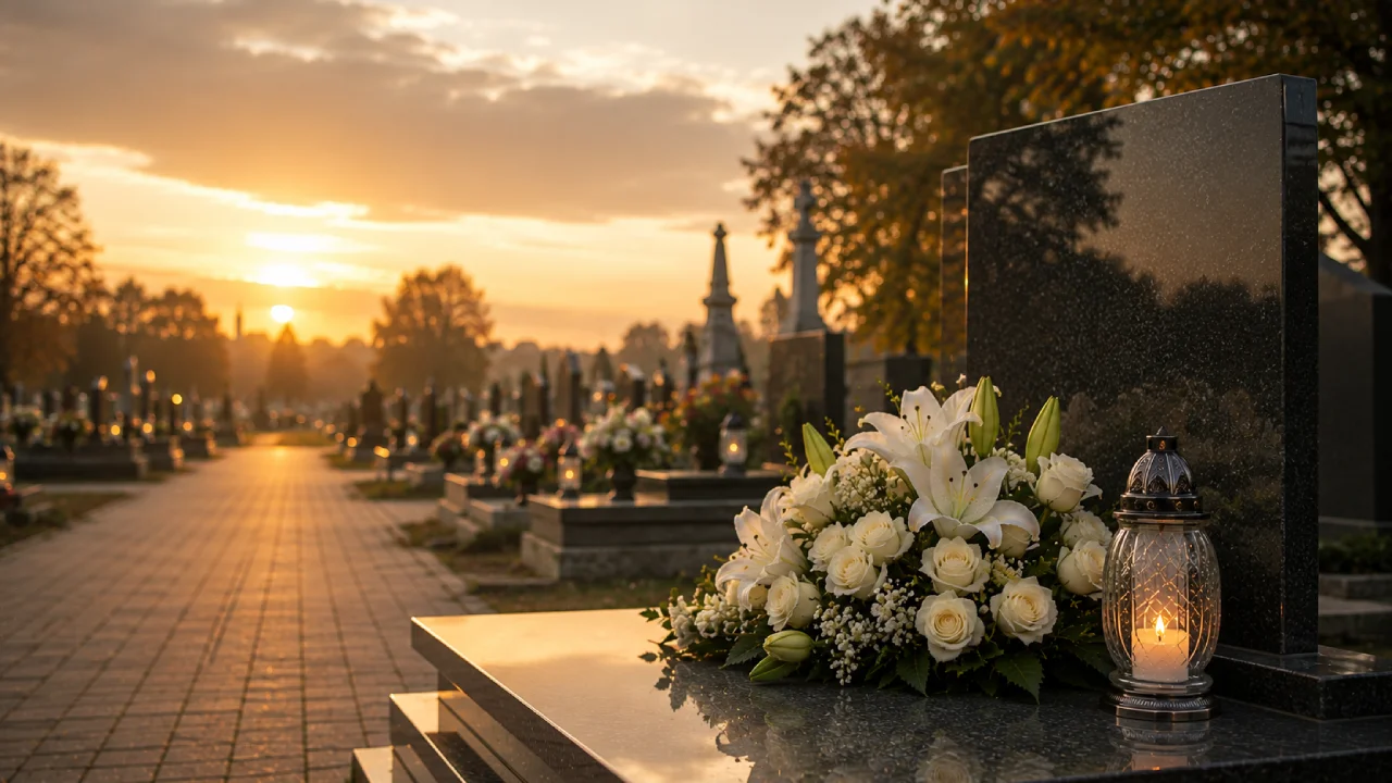 Elegancki granitowy pomnik na zadbanym cmentarzu z białymi kwiatami i zapalonym zniczem.