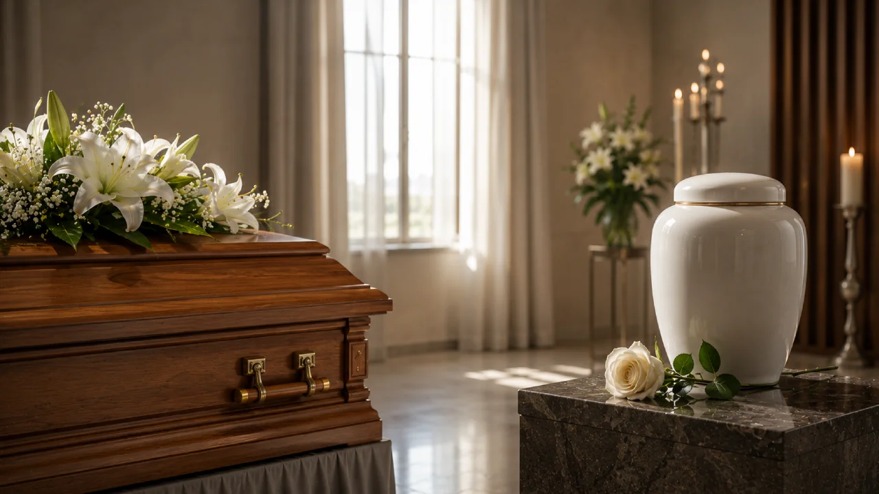 Elegancka urna i drewniana trumna symbolizujące wybór między kremacją a tradycyjnym pochówkiem.