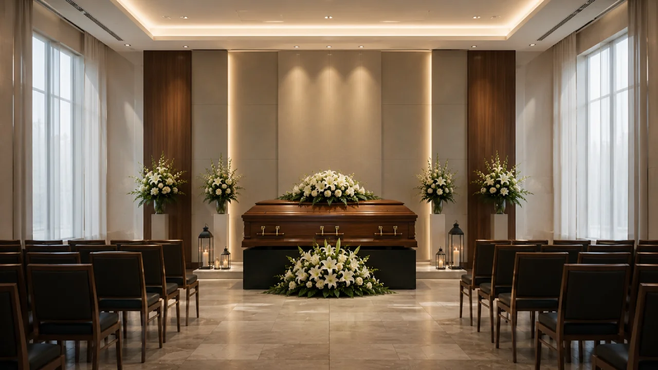 Przygotowanie ceremonii pogrzebowej z białymi kwiatami, trumną i zapalonymi świecami.