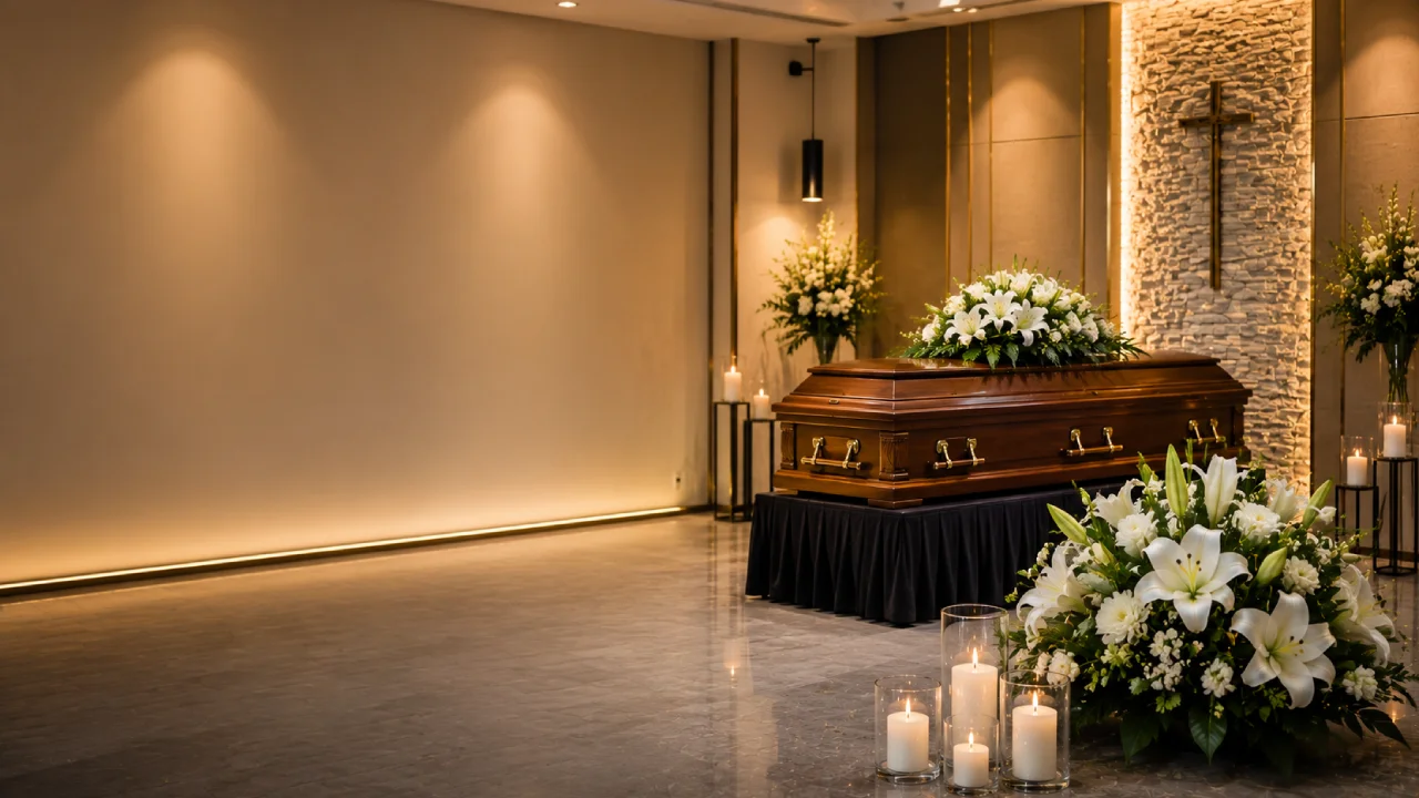 Elegancka trumna w domu pogrzebowym przygotowana do ceremonii pożegnalnej.