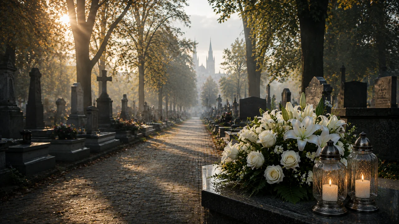 Spokojna alejka cmentarna we Wrocławiu z białymi kwiatami i zapalonymi zniczami.